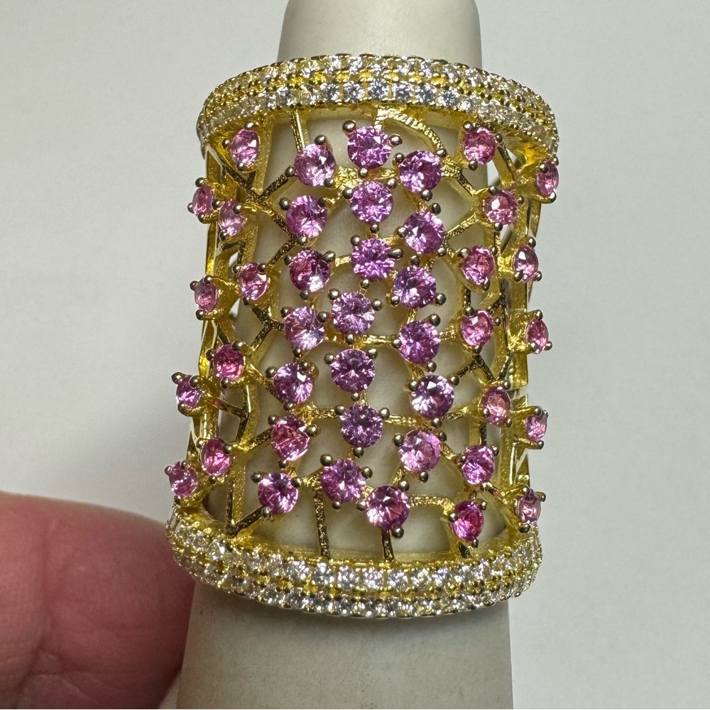 925 Yellow Gold Vermeil Pink Sapphire Wide Band Ring